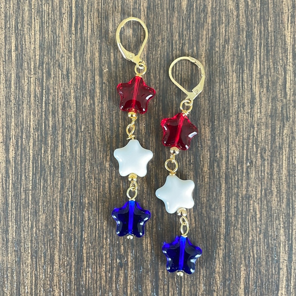 HAND CRAFTED RED WHITE AND BLUE STARS EARRINGS